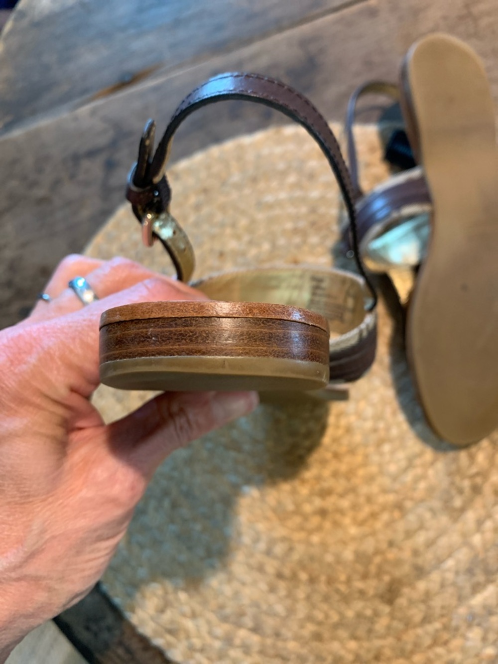Coach Brown Leather and Signature Canvas Thong Sandals with Metal Accent - Picture 6 of 9